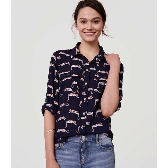 Loft EUC Women's Leopard Utility Blouse Navy Blue Pink Size L - Picture 1 of 6